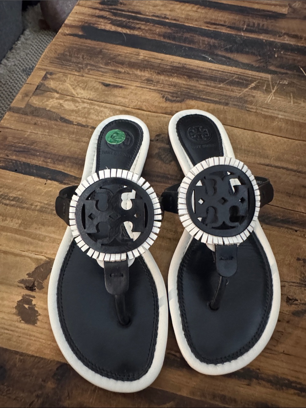 Tory Burch Black and White Miller Thong Sandals with Medallion 6M